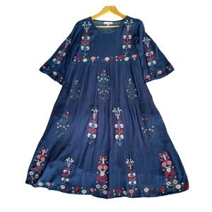 Orange Creek Women S Navy Blue Floral Embroidered Tiered Midi Boho Shift Dress